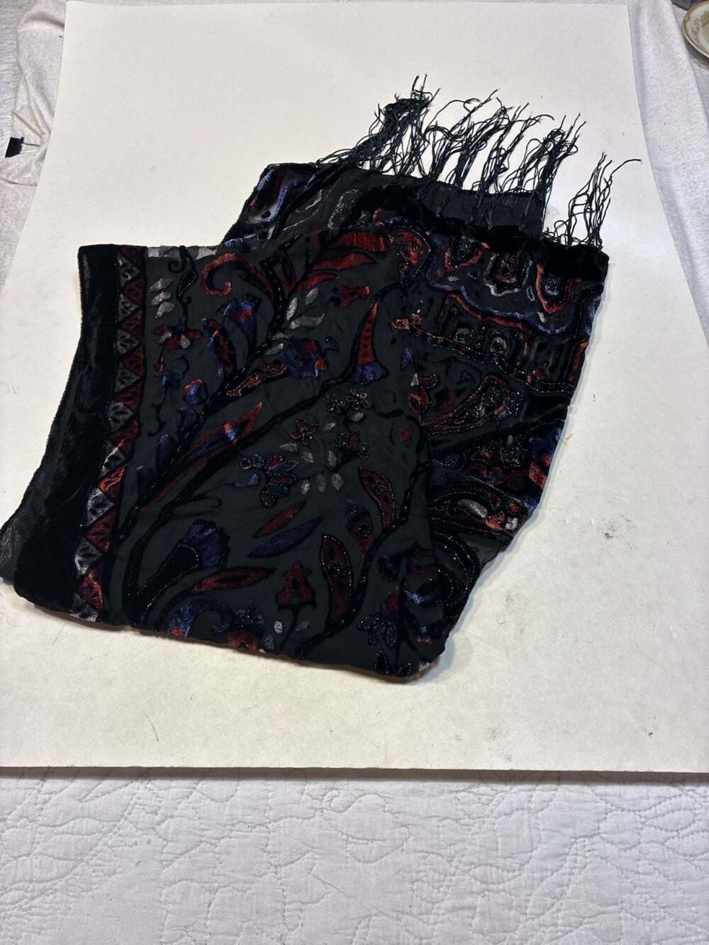 Vintage Black Red Blue Velvet Burnout Floral Paisley Fringe Scarf Shawl